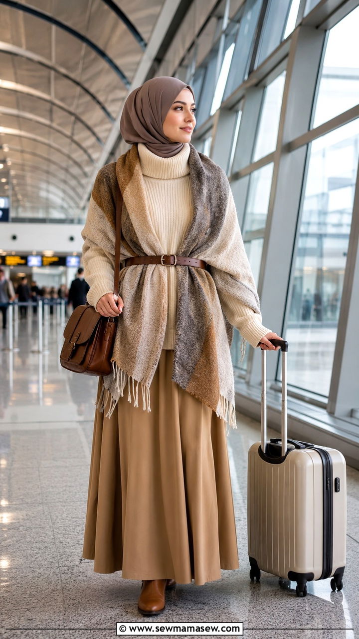Maxi Skirt with Funnel Neck Sweater and Belted Scarf - 30 Modest outfit ideas for airport