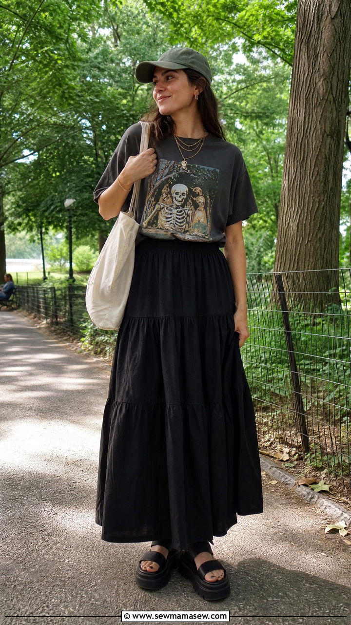Maxi Skirt with Graphic Tee and Chunky Sandals - 35 maxi skirt outfits ideas