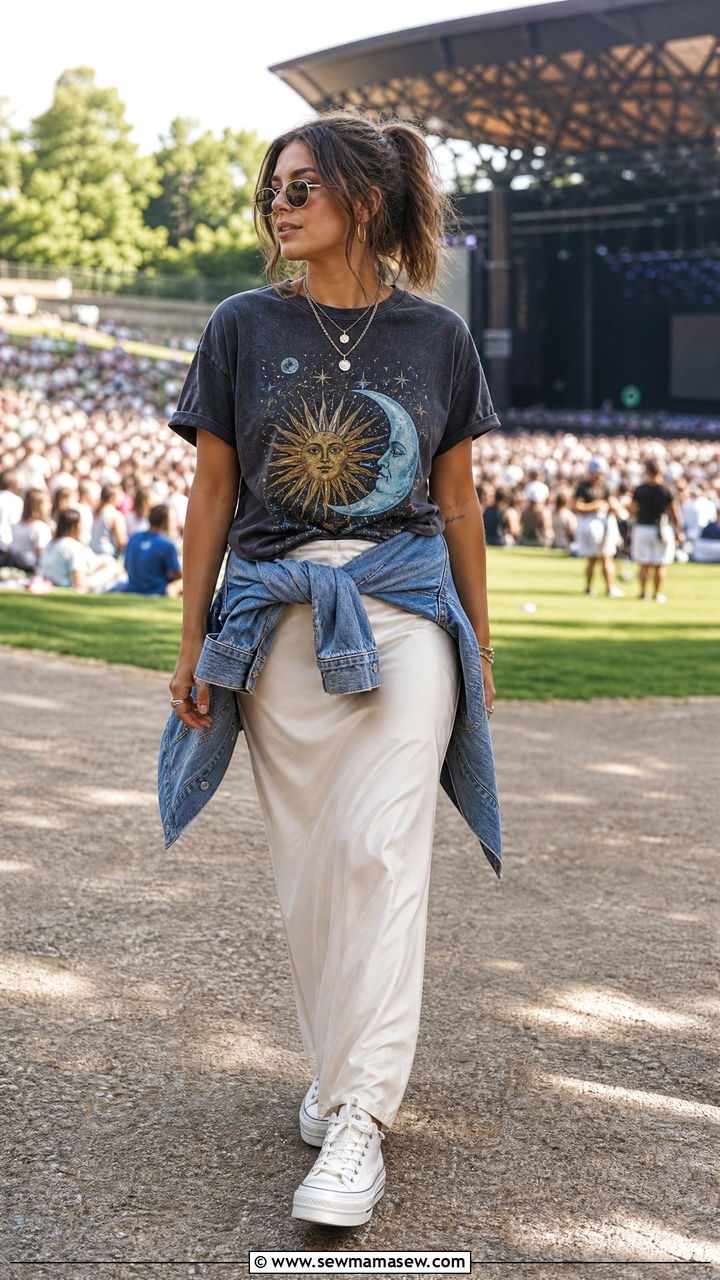 Maxi Skirt with Graphic Tee and Platform Sneakers - 30 Outdoor concert outfit ideas