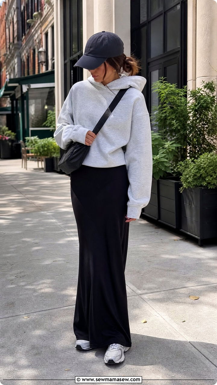 Maxi Skirt with Hoodie and Dad Sneakers - 35 maxi skirt outfits ideas