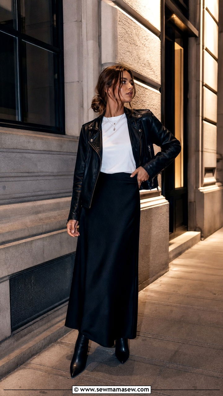 Maxi Skirt with Leather Jacket and Basic Tee - 35 casual maxi skirt outfits
