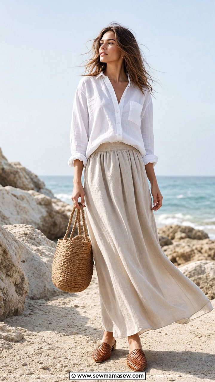 Maxi Skirt with Linen Button Down Shirt - 35 casual maxi skirt outfits