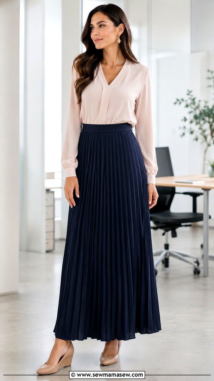 Maxi Skirt with Long Sleeve Blouse and Wedge Heels - 30 Modest outfit ideas for work