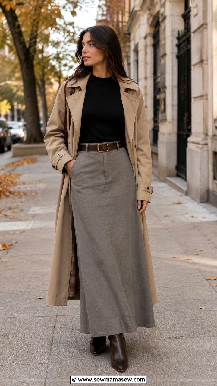 Maxi Skirt with Long Sleeve Tee and Belt - 30 Maxi skirt outfit ideas with a tee