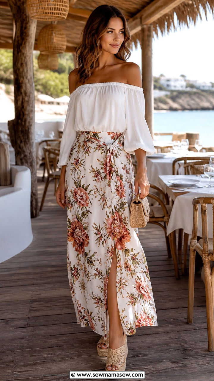 Maxi Skirt with Off the Shoulder Top - 40 classy dinner outfit ideas