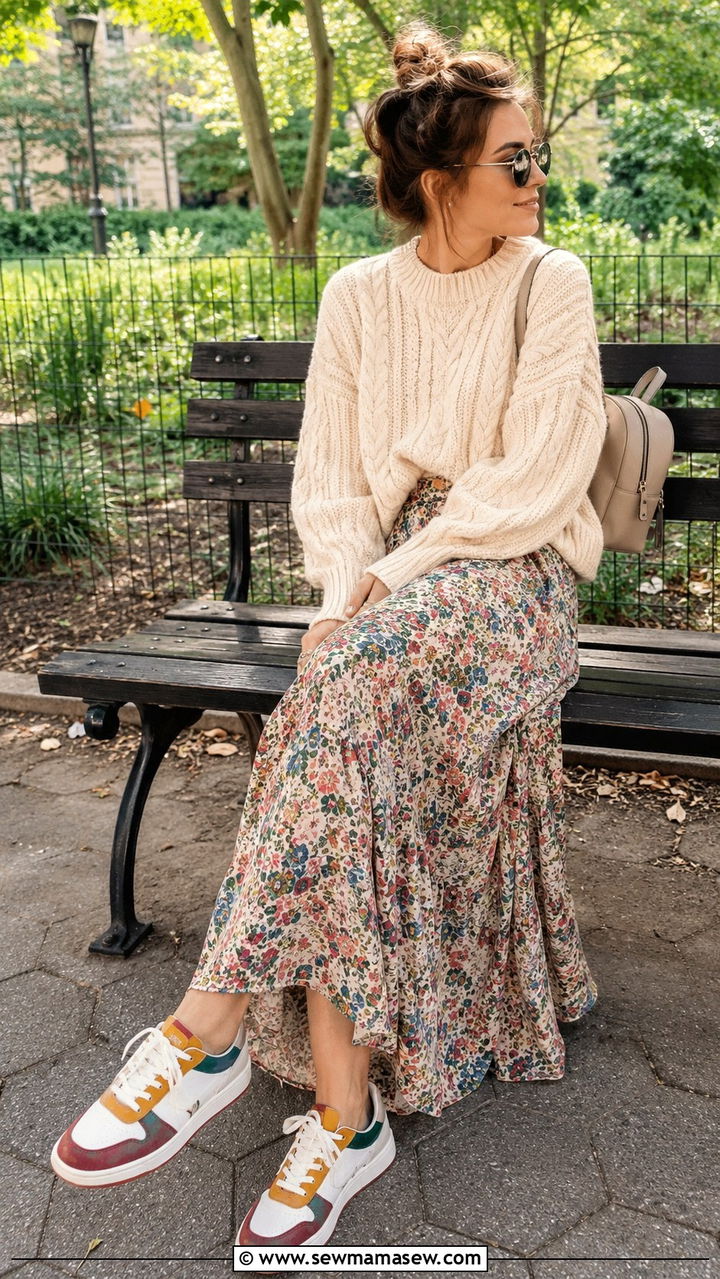 Maxi Skirt with Oversized Sweater and Sneakers - 25 transitional vacation outfit ideas