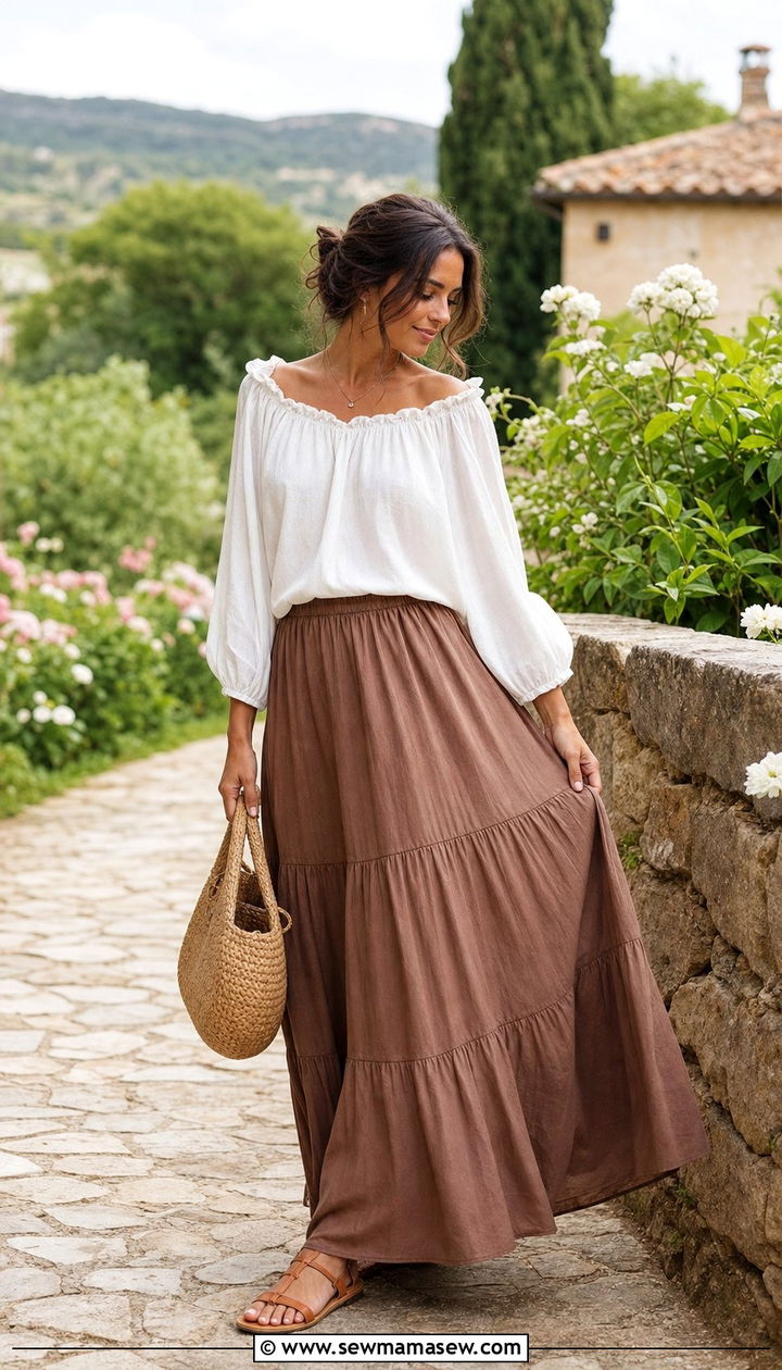Maxi Skirt with Peasant Blouse and Sandals - 35 casual maxi skirt outfits
