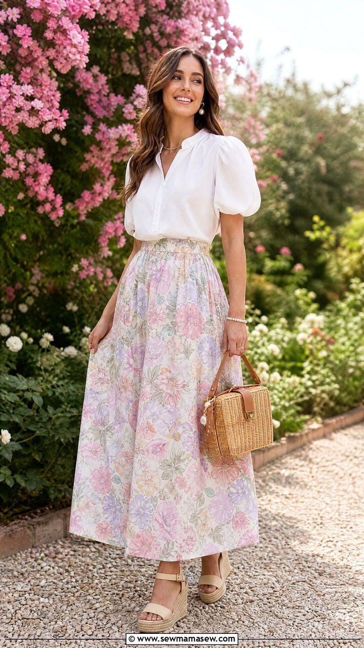 Maxi Skirt with Puff Sleeve Blouse and Espadrilles - 35 maxi skirt outfits ideas