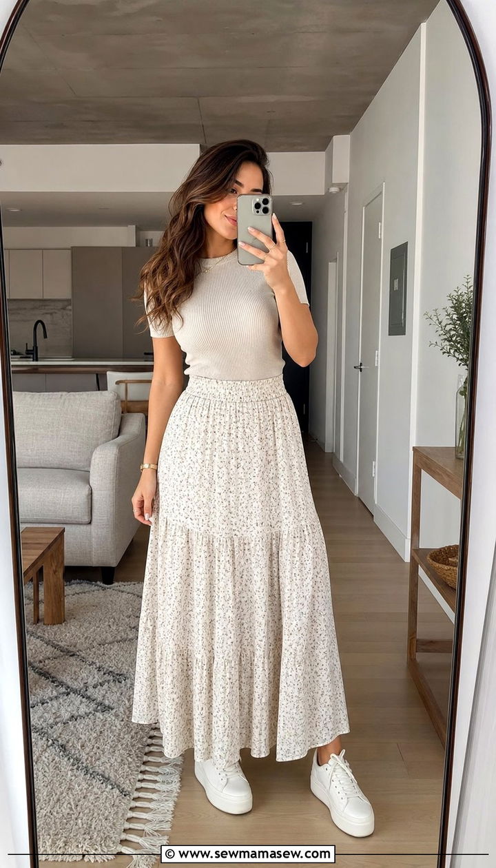 Maxi Skirt with Ribbed Knit Top and Platform Sneakers - 35 casual maxi skirt outfits