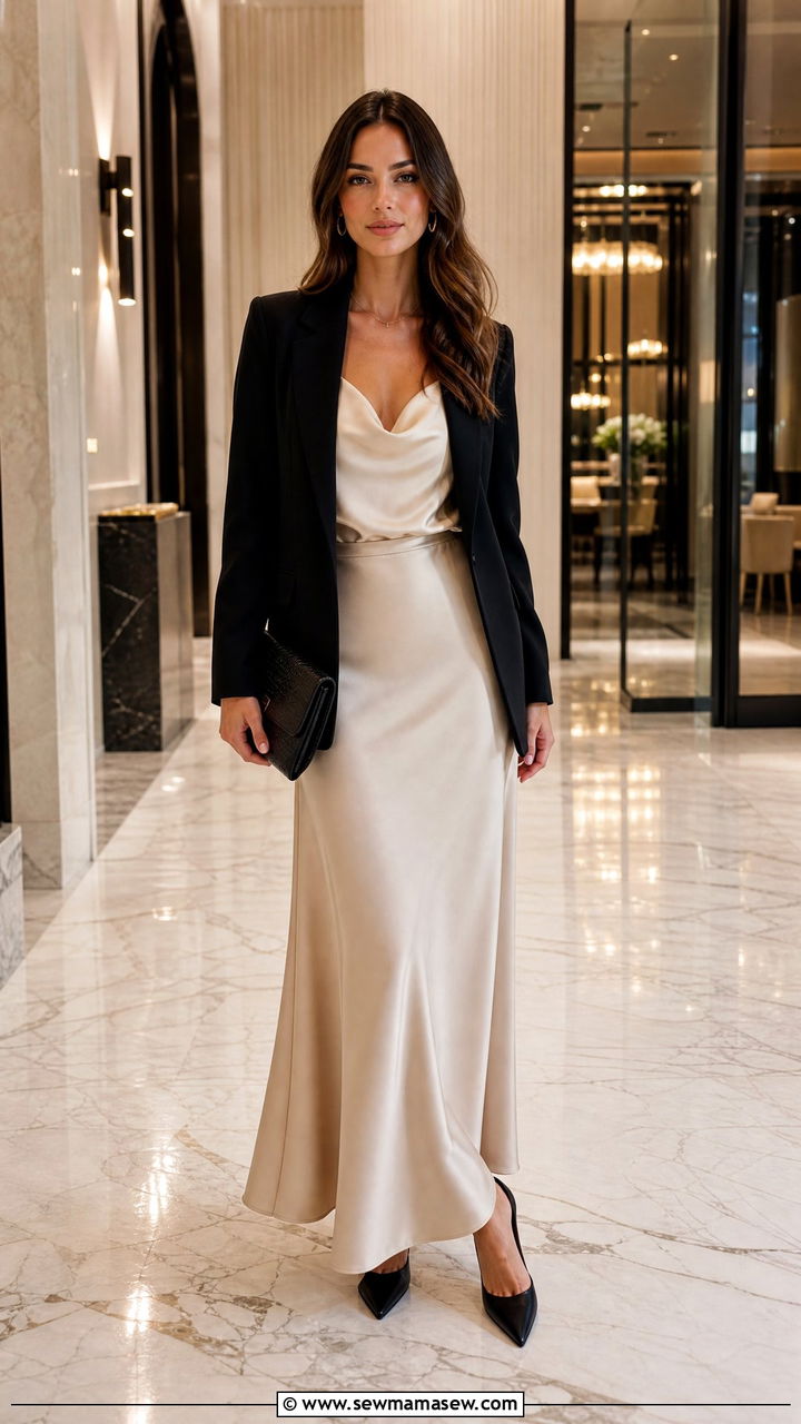Maxi Skirt with Satin Camisole and Tailored Blazer - 35 maxi skirt outfits ideas