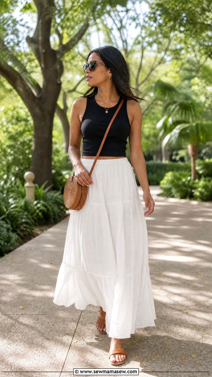 Maxi Skirt with Simple Cotton Top - 35 hot weather outfits 2026