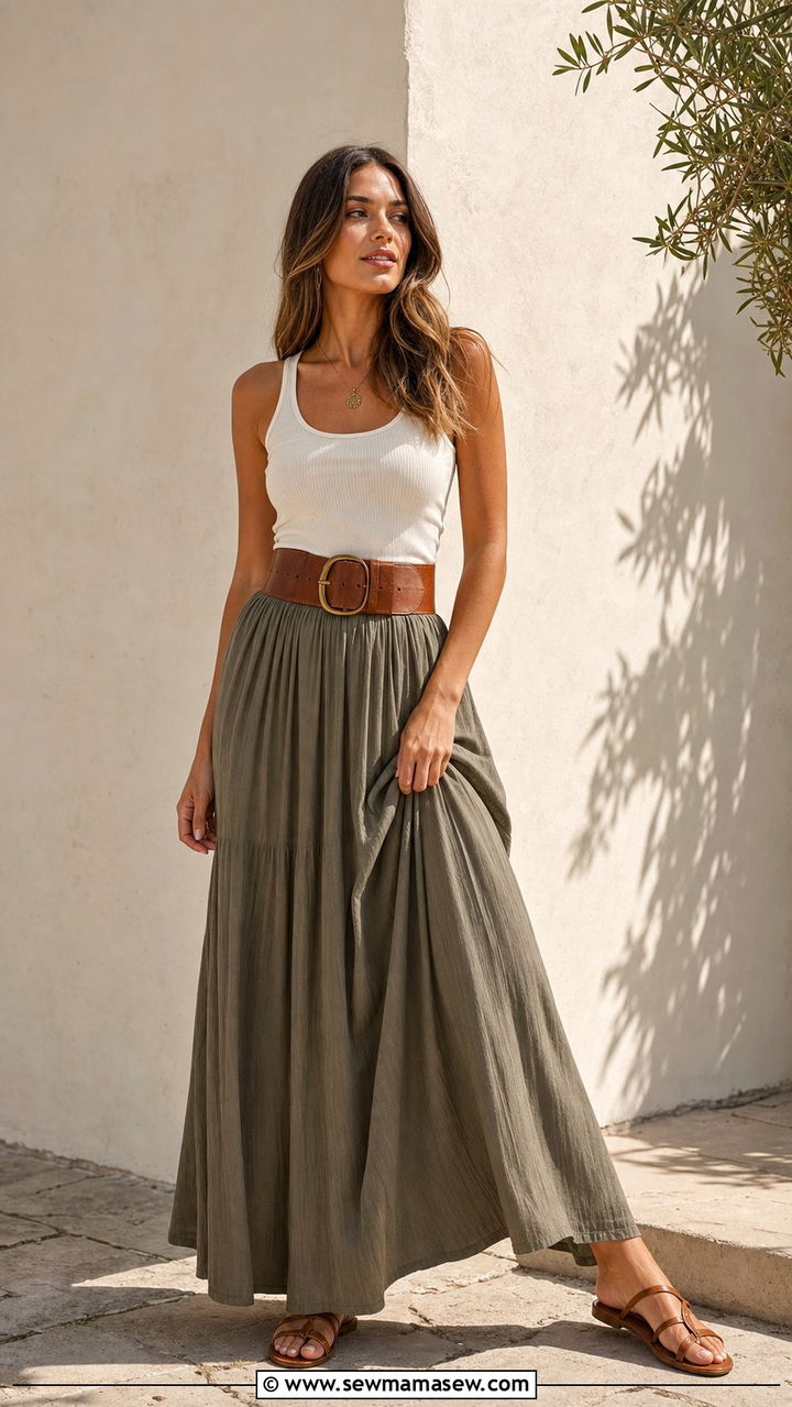 Maxi Skirt with Statement Belt and Simple Tank - 35 casual maxi skirt outfits