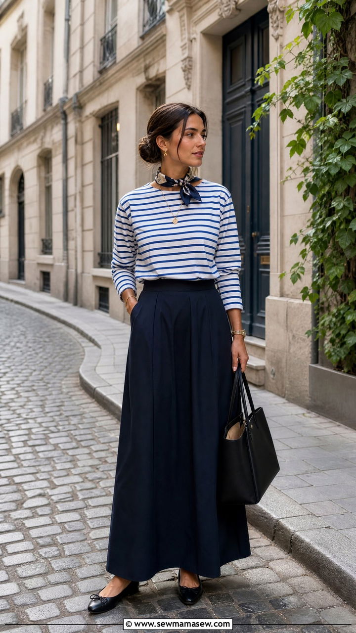 Maxi Skirt with Striped Shirt and Ballet Flats - 35 maxi skirt outfits ideas