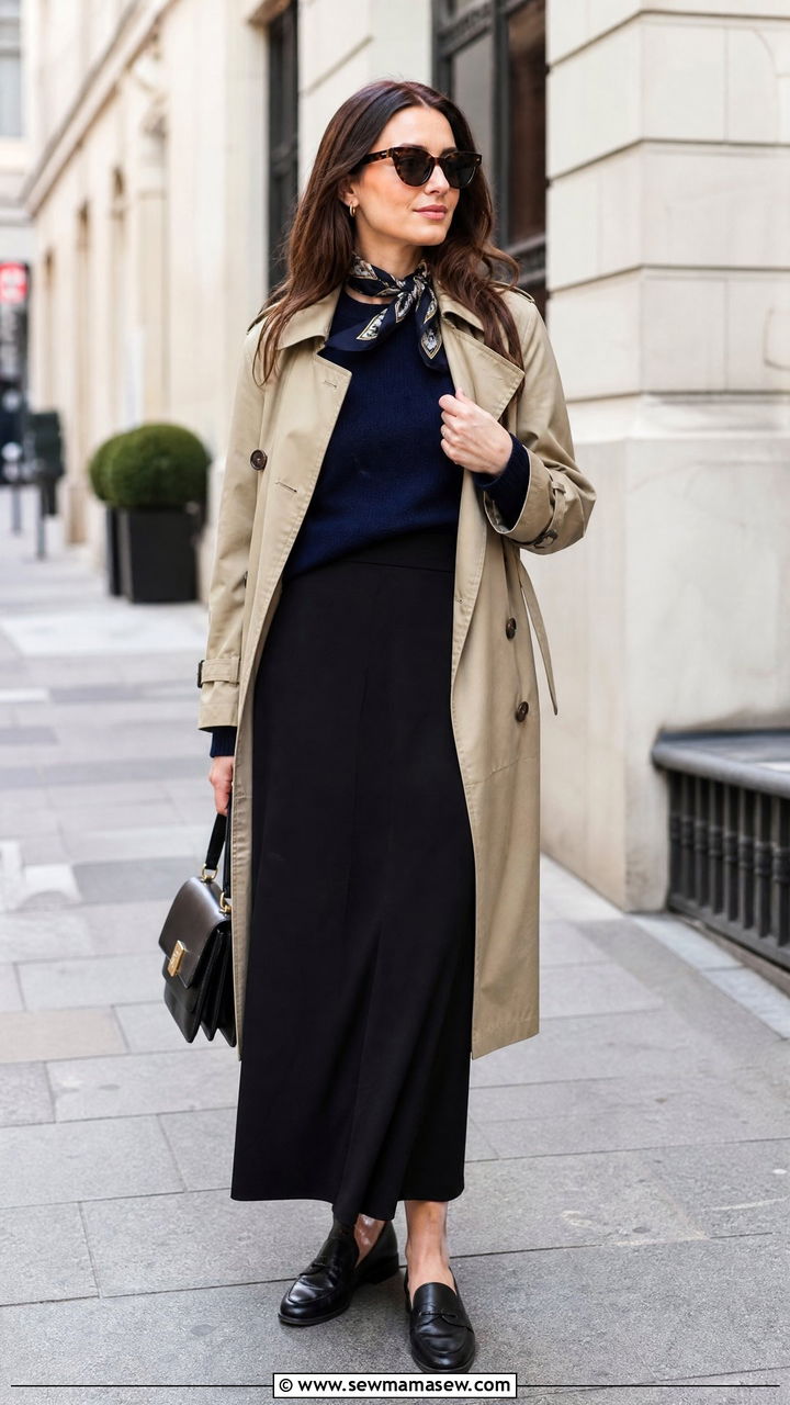 Maxi Skirt with Trench Coat and Loafers - 35 maxi skirt outfits ideas