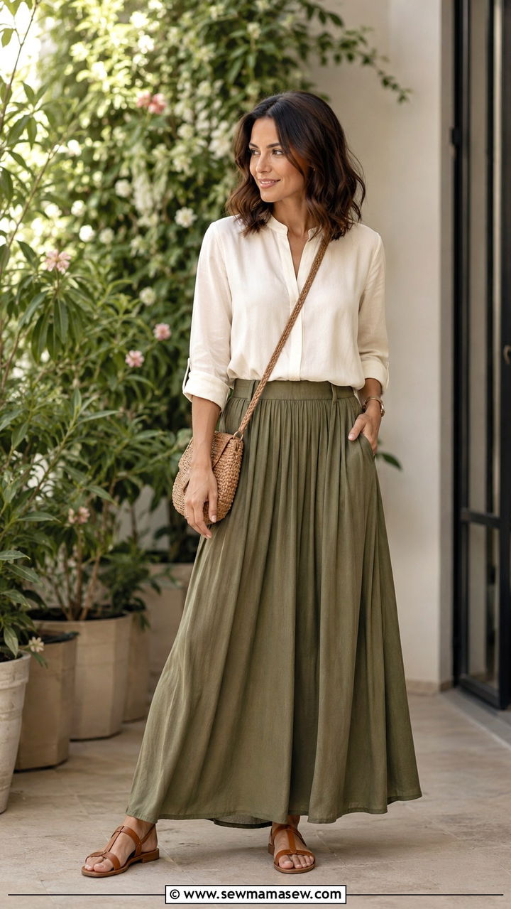 Maxi Skirt with Tucked In Tunic Top and Flat Sandals - 30 Modest outfit ideas for working mom