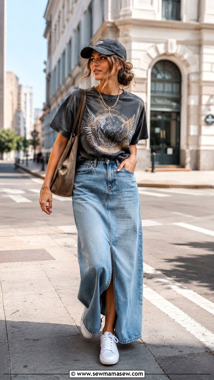 Maxi Skirt with Vintage Tee and Sneakers - 30 Maxi skirt outfit ideas with a tee