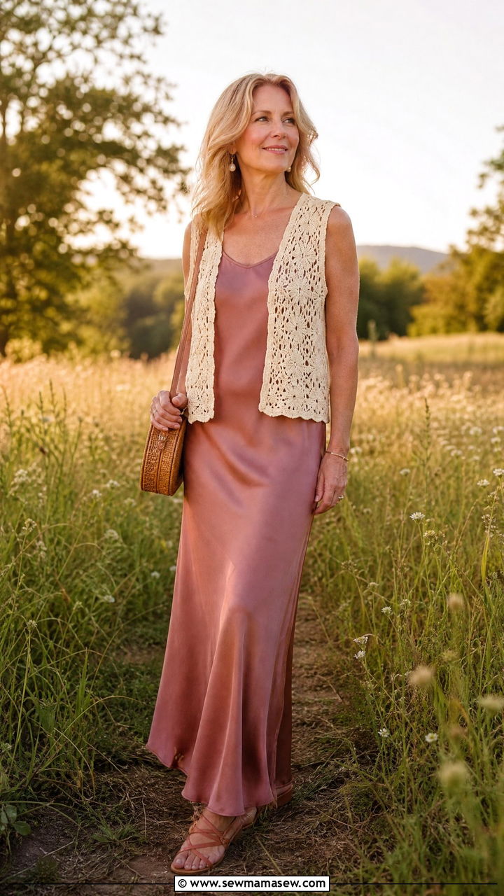 Maxi Slip Dress With Crochet Vest - 30 cottagecore outfit ideas for women over 40