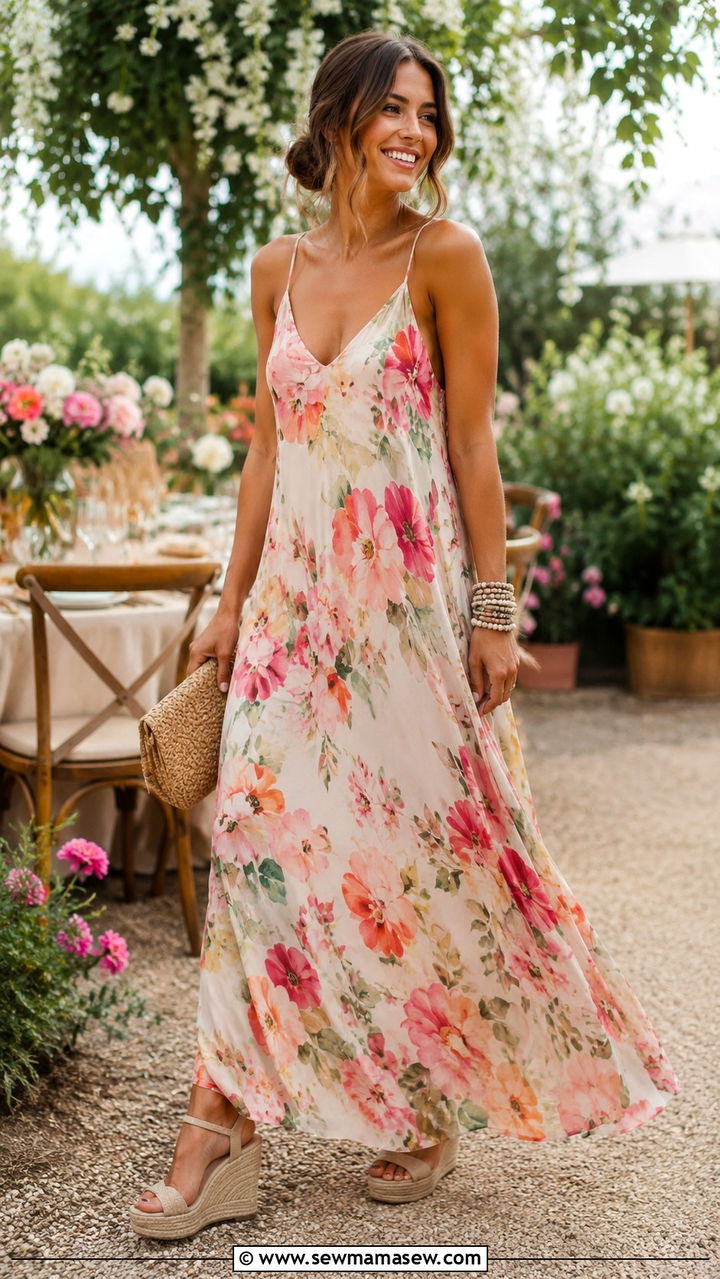Maxi Slip Dress With Wedge Sandals - 30 slip dress outfits