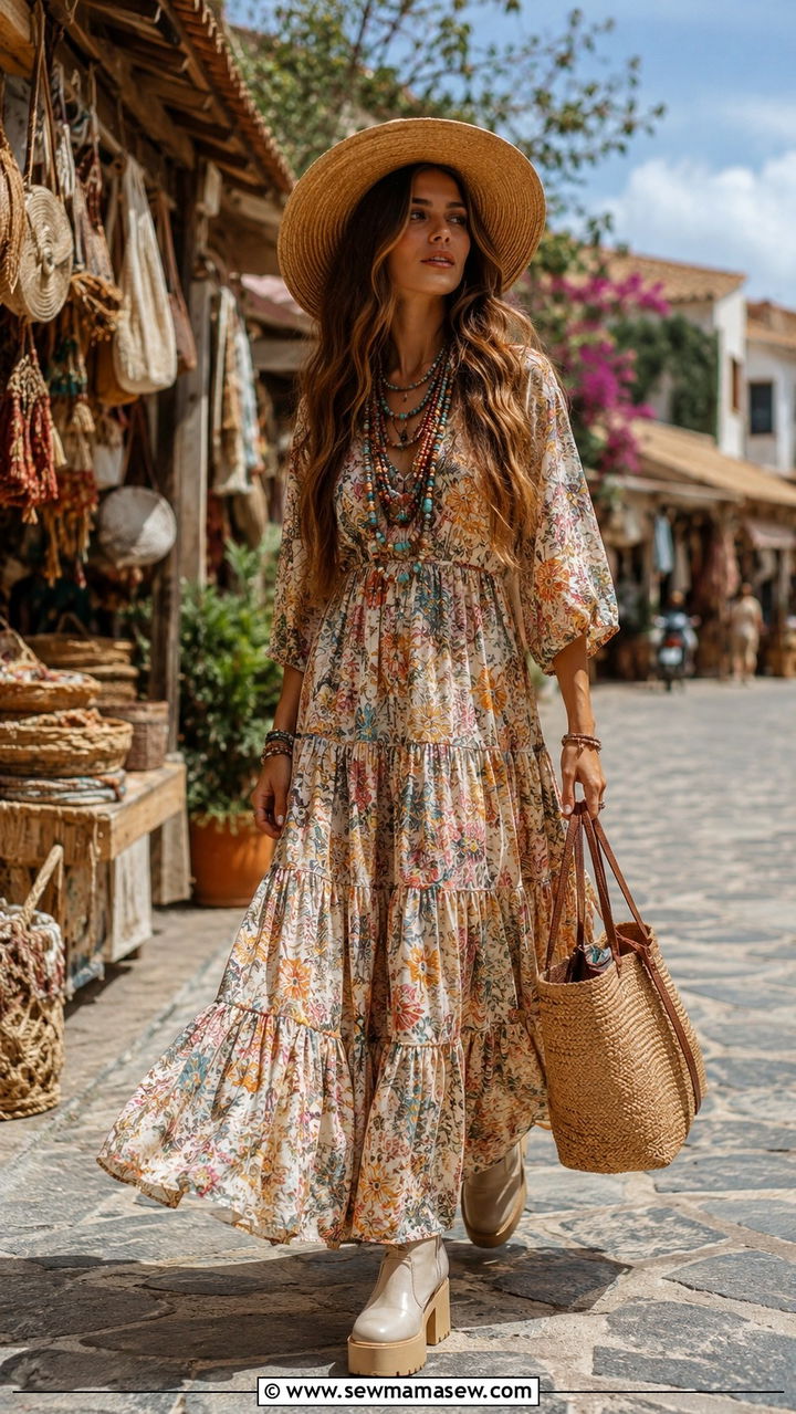 Maxi Tiered Dress with Chunky Shoes Outfit - 30 maximalist outfits for women