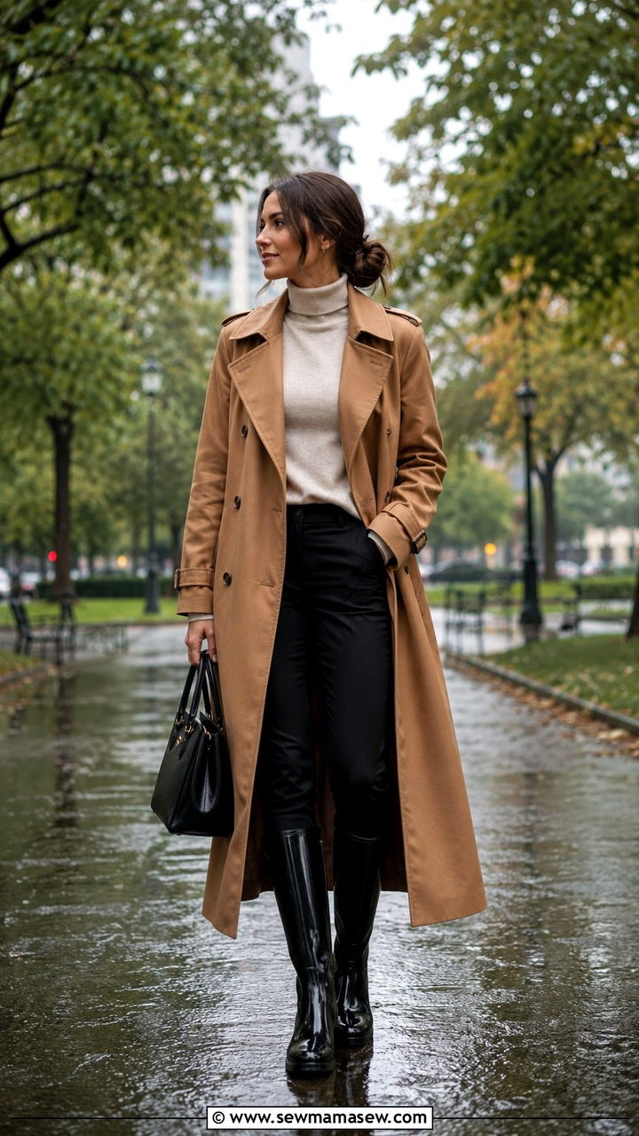 Maxi Trench Coat with Glossy Rain Boots - 30 transitional rainy day outfit ideas