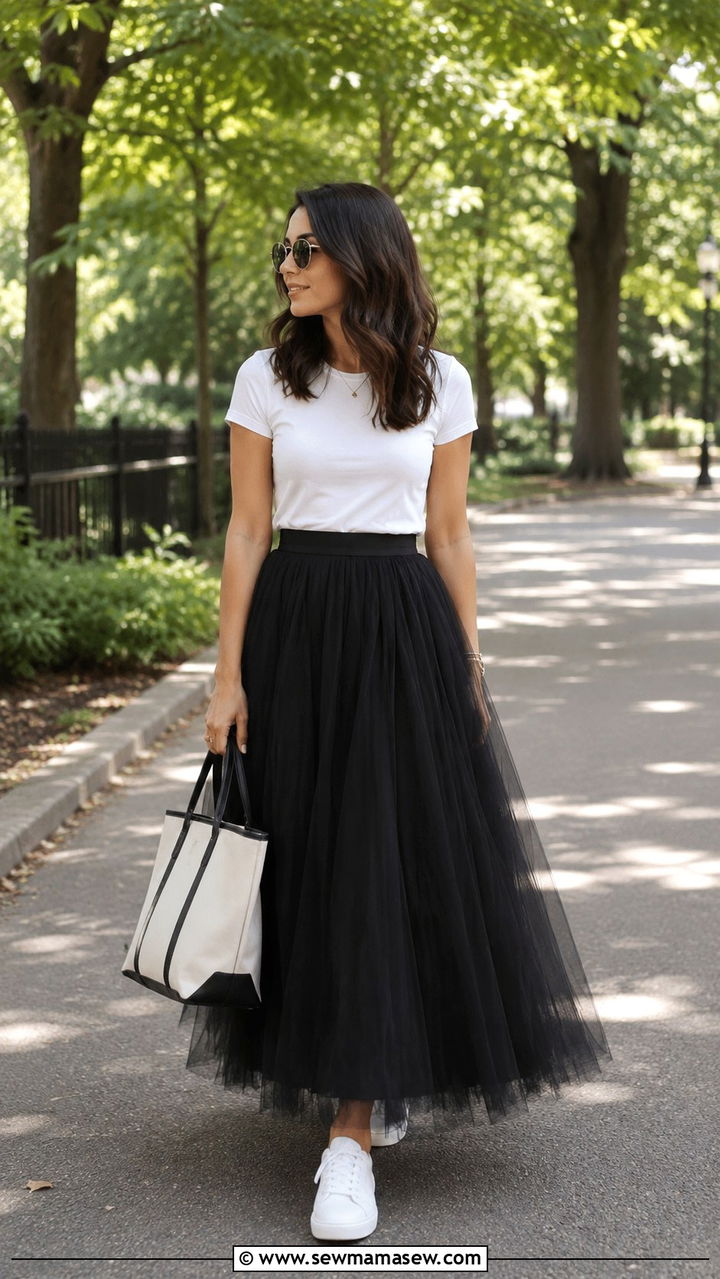 Maxi Tulle Skirt With Plain Tee And Sneakers - 20 Tulle skirt outfit ideas with a tee