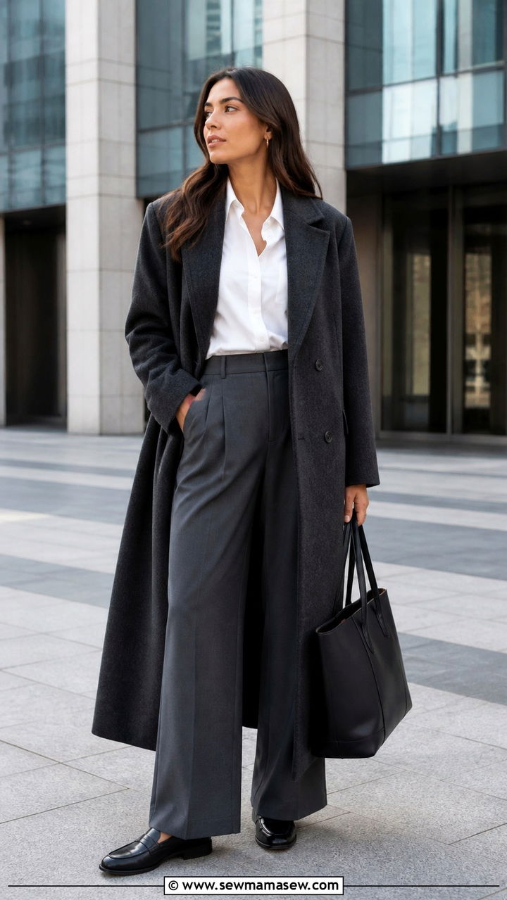 Maxi Wool Coat With Tailored Trousers for Office - 40 Maxi coat outfit ideas
