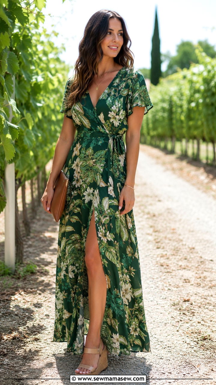 Maxi Wrap Dress With Wedge Sandals - 25 Winery wedding guest outfit ideas