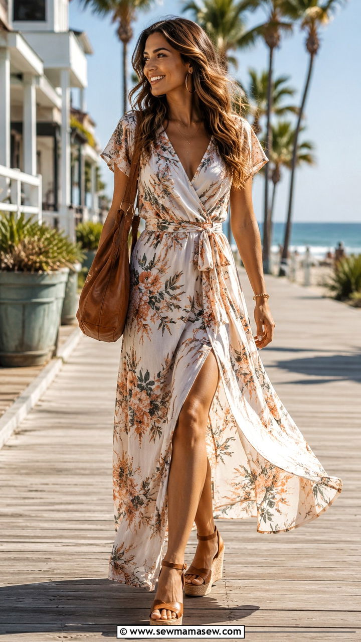 Maxi Wrap Dress and Wedge Sandals - 25 Wrap dress outfit ideas with sandals