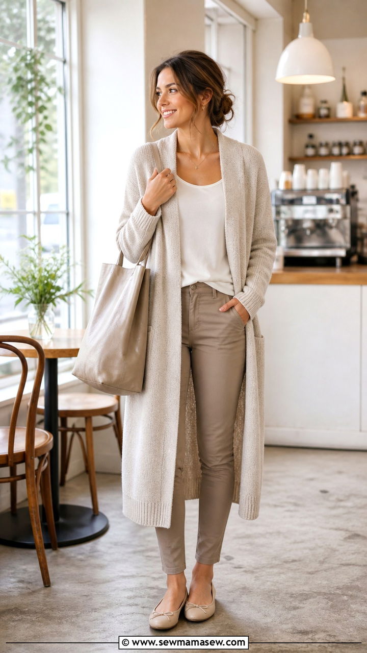 Maxi cardigan layered over a tank and slim trousers - 40 classy outfits for women