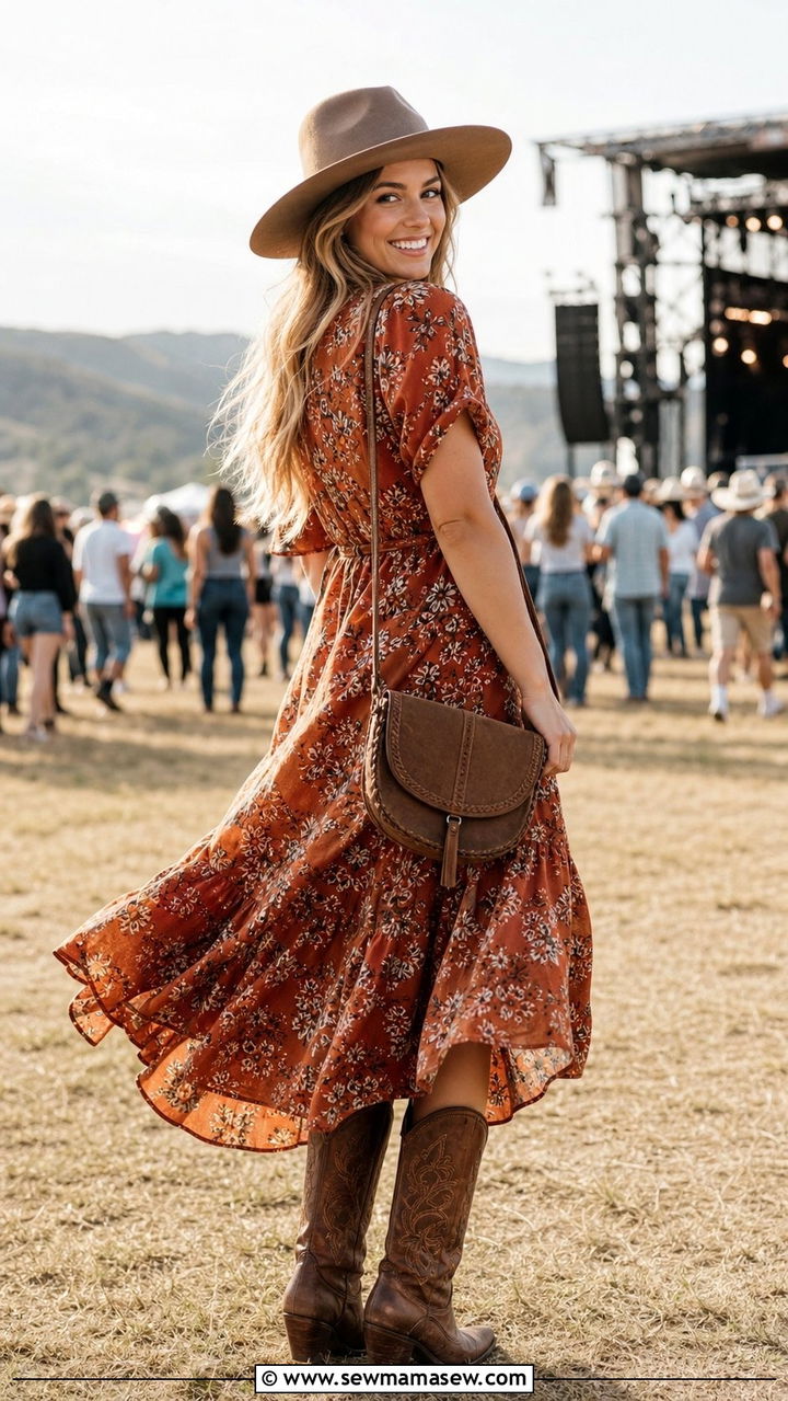 Maxi dress and cowboy boots outfit - 35 casual concert outfits