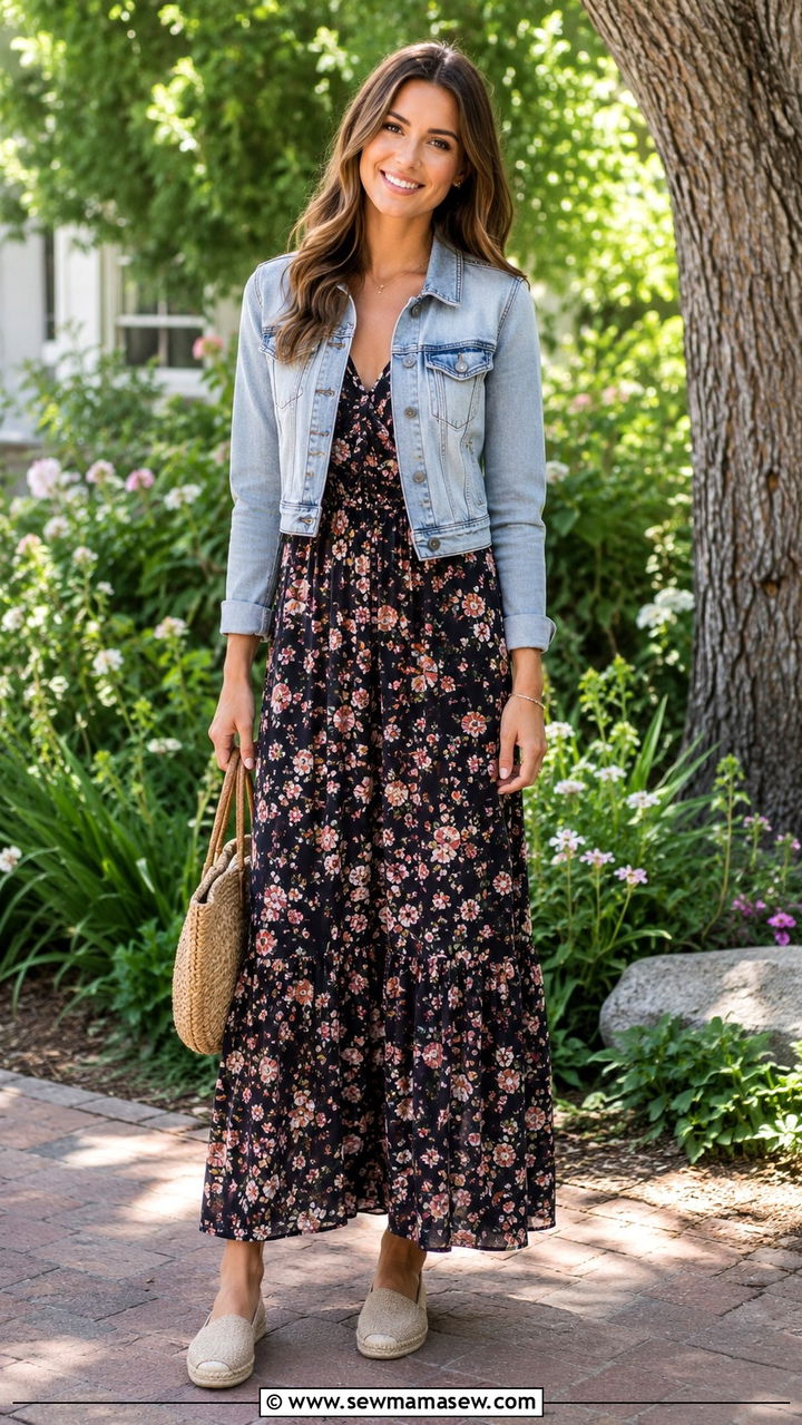 Maxi dress and cropped denim jacket - 30 Middle school teacher outfit ideas