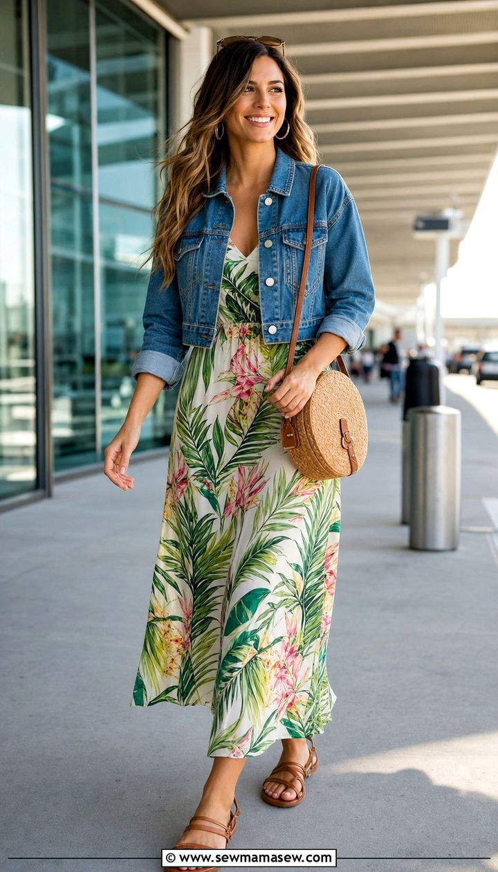 Maxi dress and denim jacket airport outfit - 35 airport outfits 2026