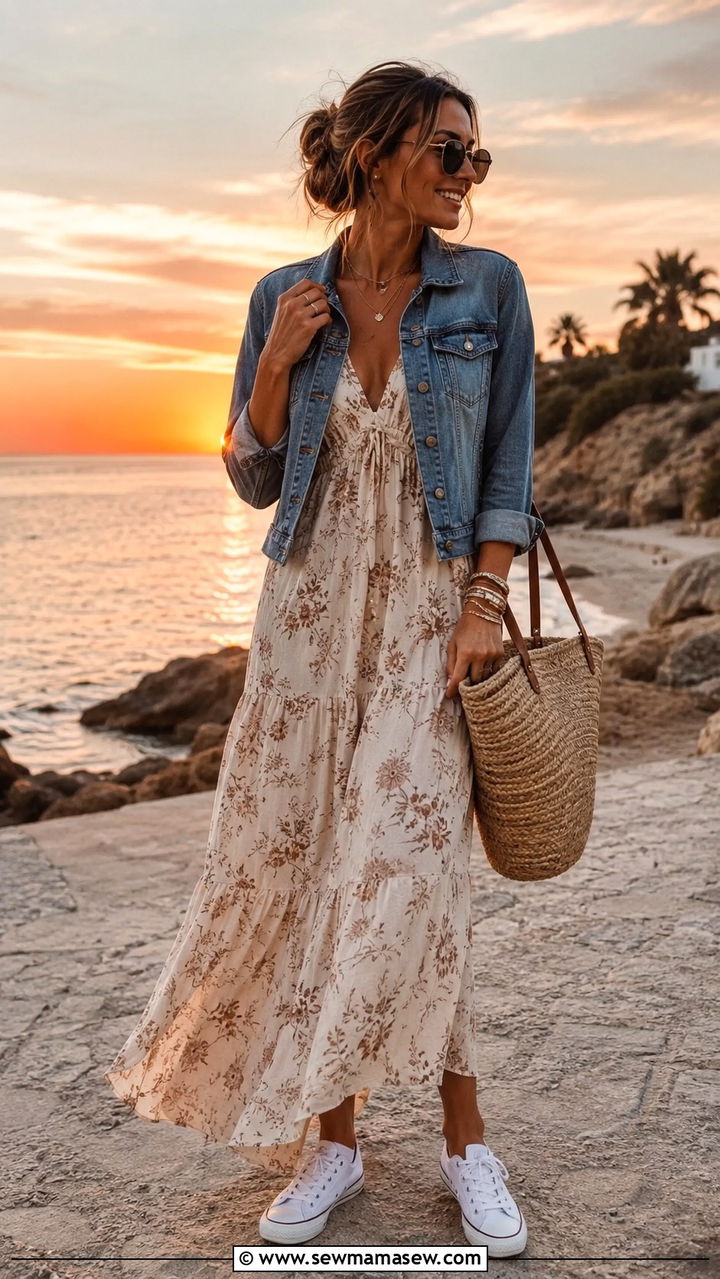 Maxi dress and denim jacket outfit - 30 Travel capsule wardrobe ideas