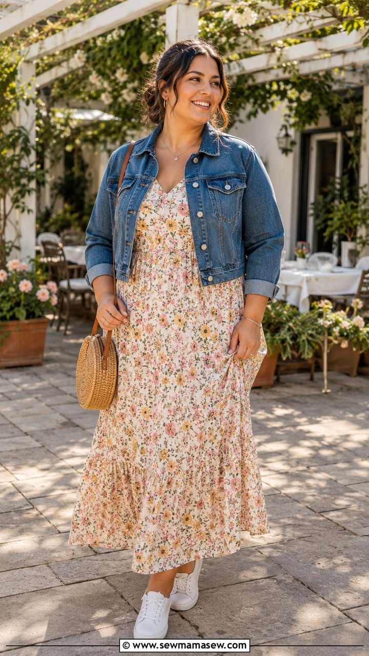 Maxi dress and denim jacket outfit - 20 Plus size outfit ideas size 16