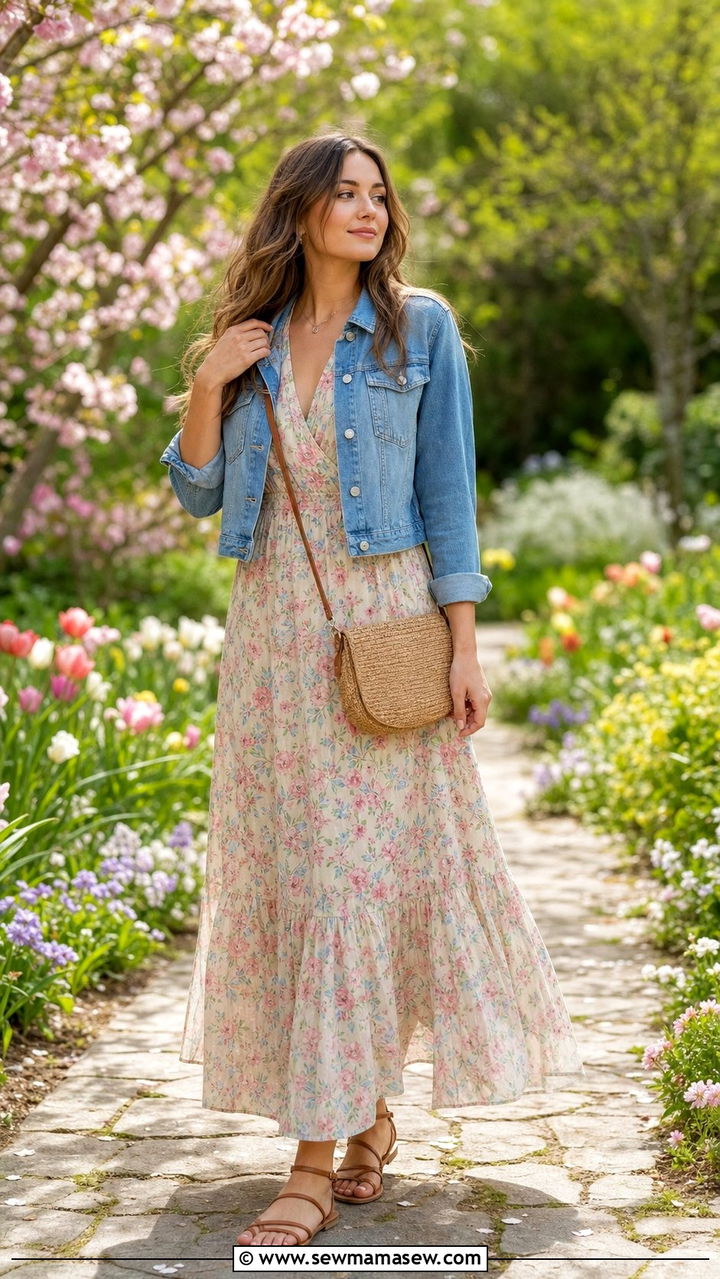 Maxi dress and denim jacket outfit - 25 spring casual friday outfit ideas