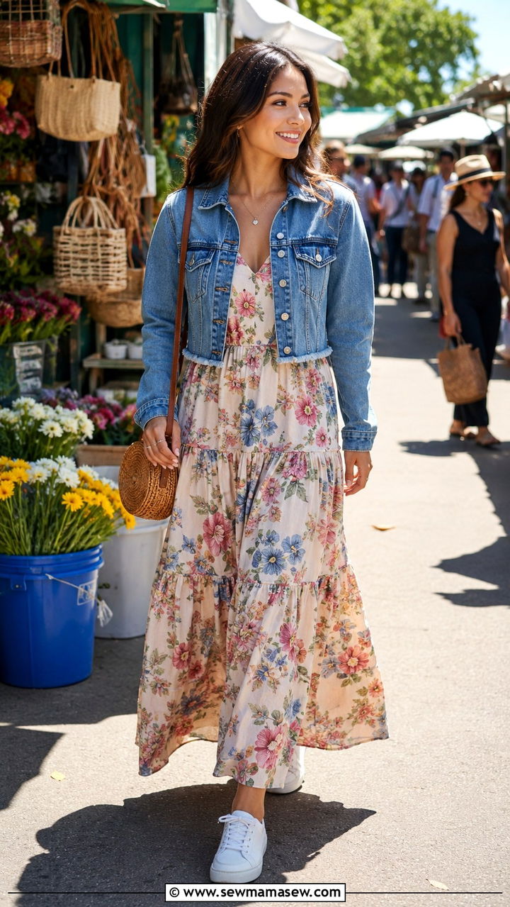 Maxi dress and denim jacket outfit petite modest - 30 Modest outfit ideas petite