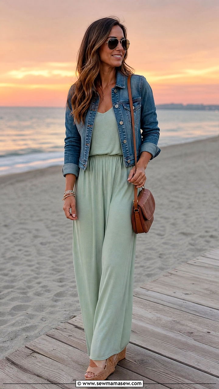 Maxi dress and denim jacket with wedge sandals - 30 summer outfits with wedge sandals