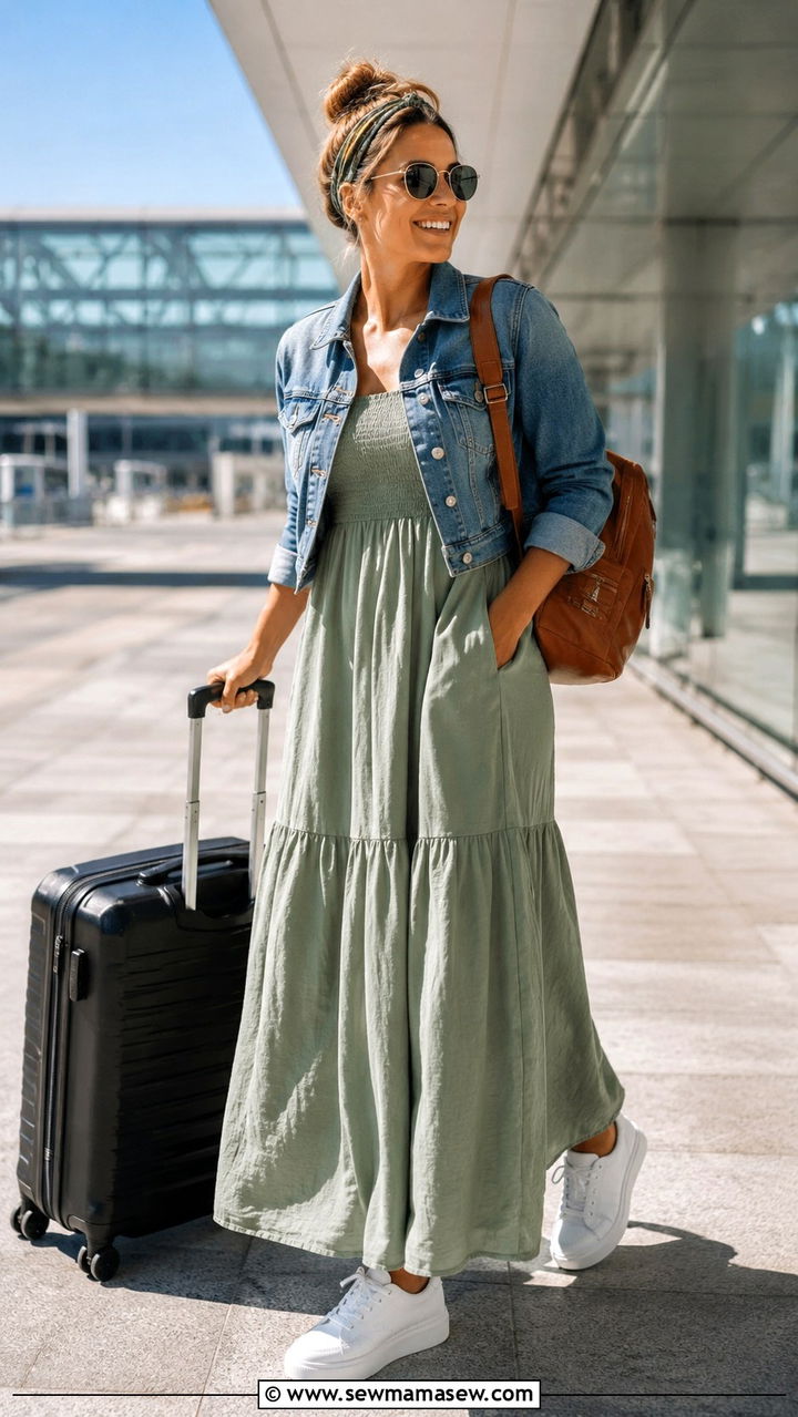 Maxi dress sneakers denim jacket airport summer - 30 LAX airport outfit ideas