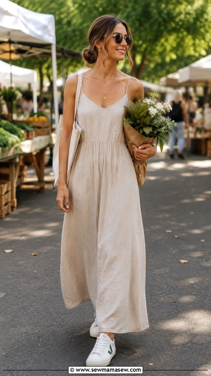 Maxi dress with Veja sneakers - 30 Maxi dress with sneakers outfit ideas