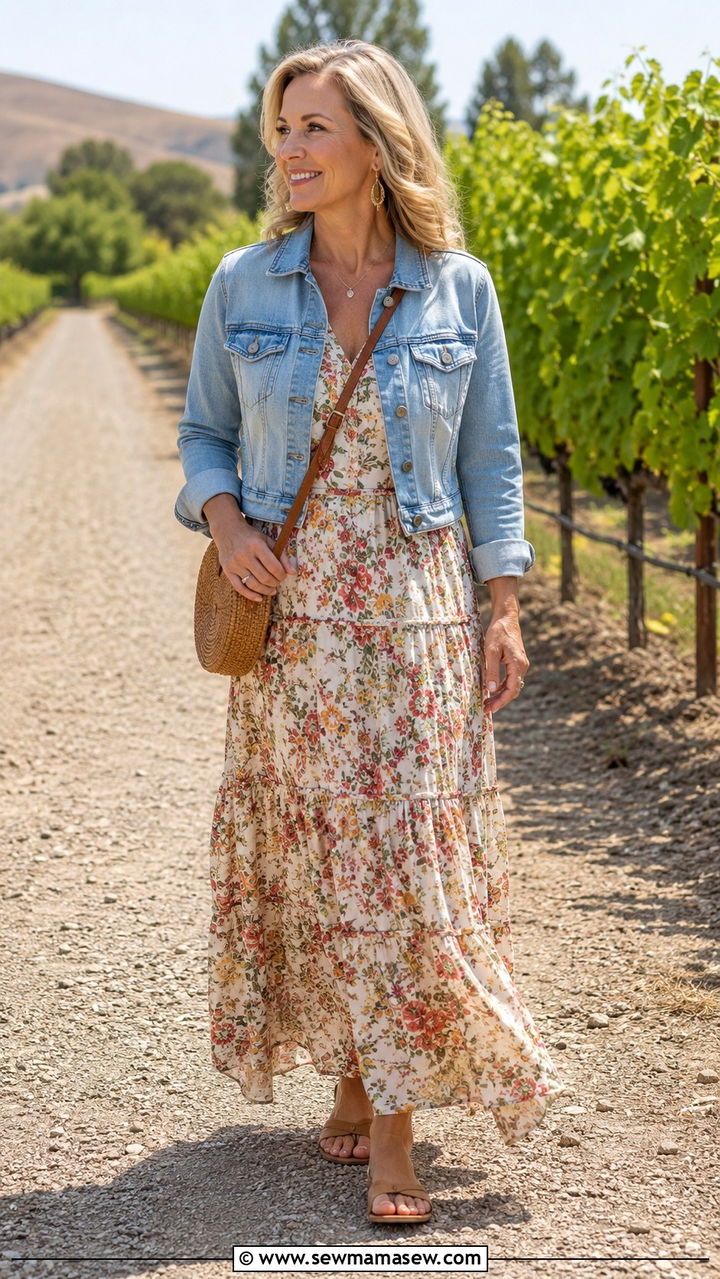 Maxi dress with a cropped denim jacket - 20 Menopause outfit ideas