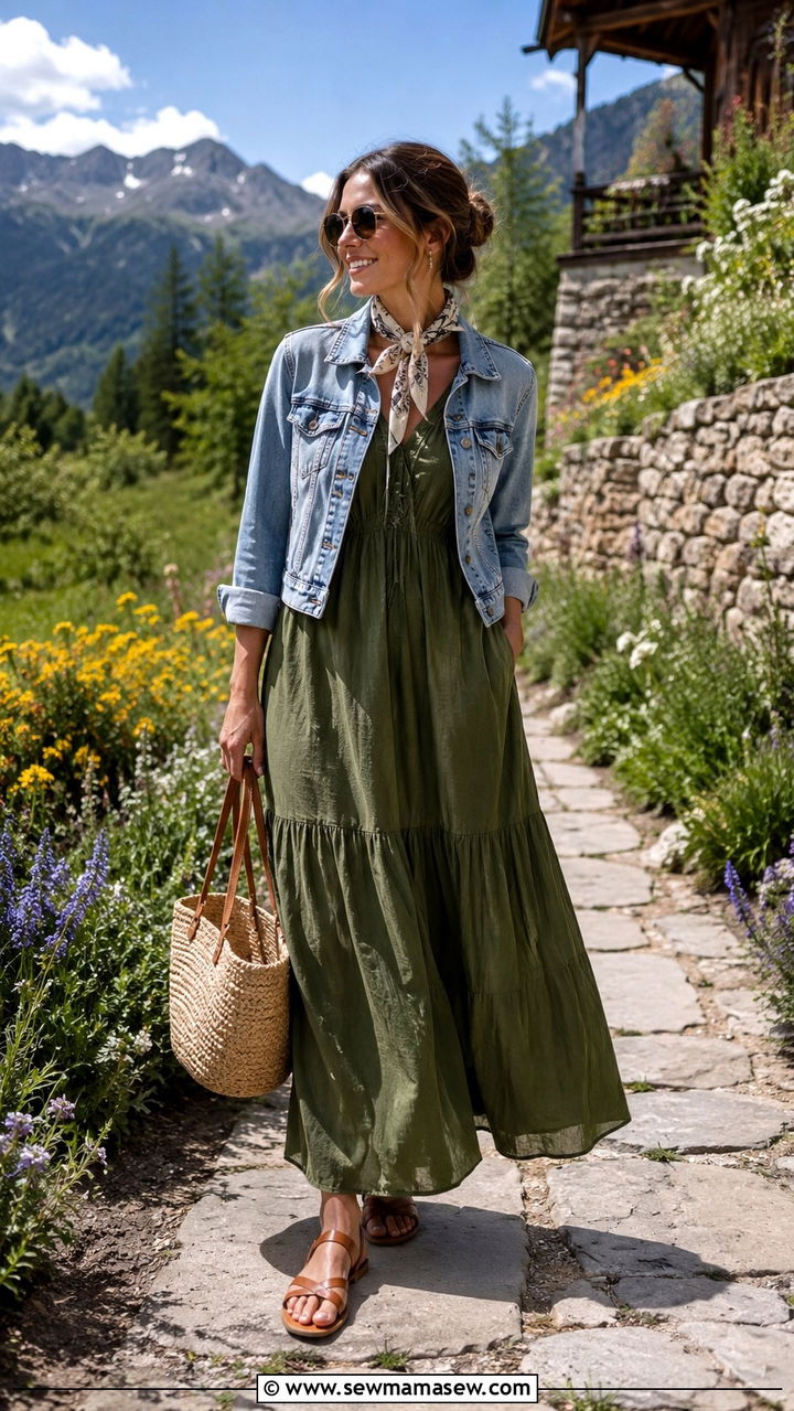 Maxi dress with a denim jacket and flat sandals - 25 Modest outfit ideas for mountain trip