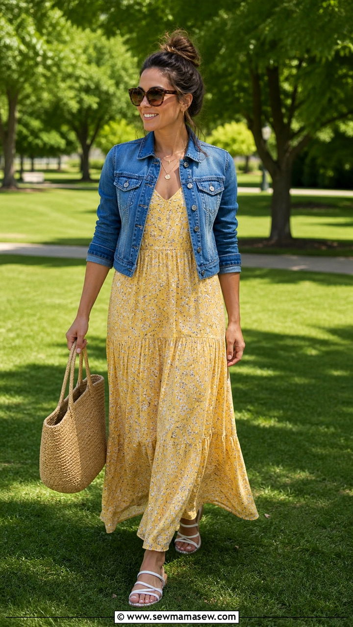 Maxi dress with a denim jacket brunch outfit - 40 Chic brunch outfit ideas