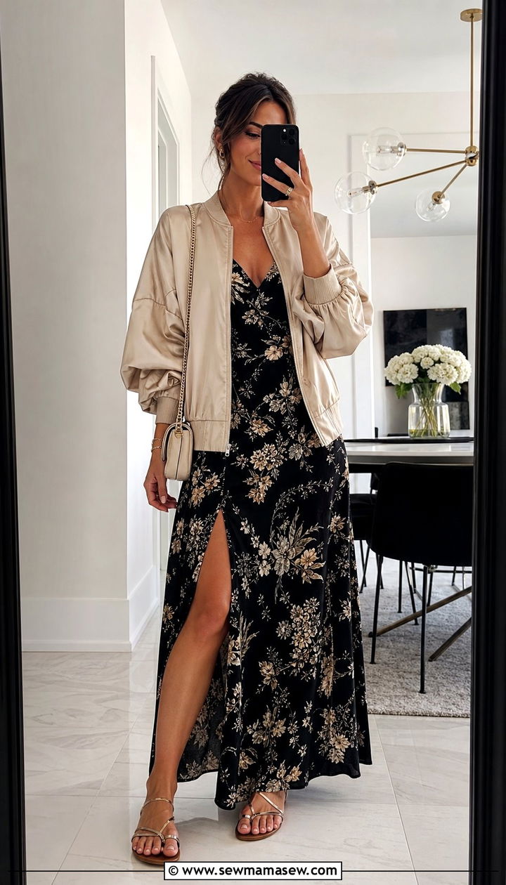 Maxi dress with bomber jacket spring outfit - 25 Spring outfits with bomber jacket