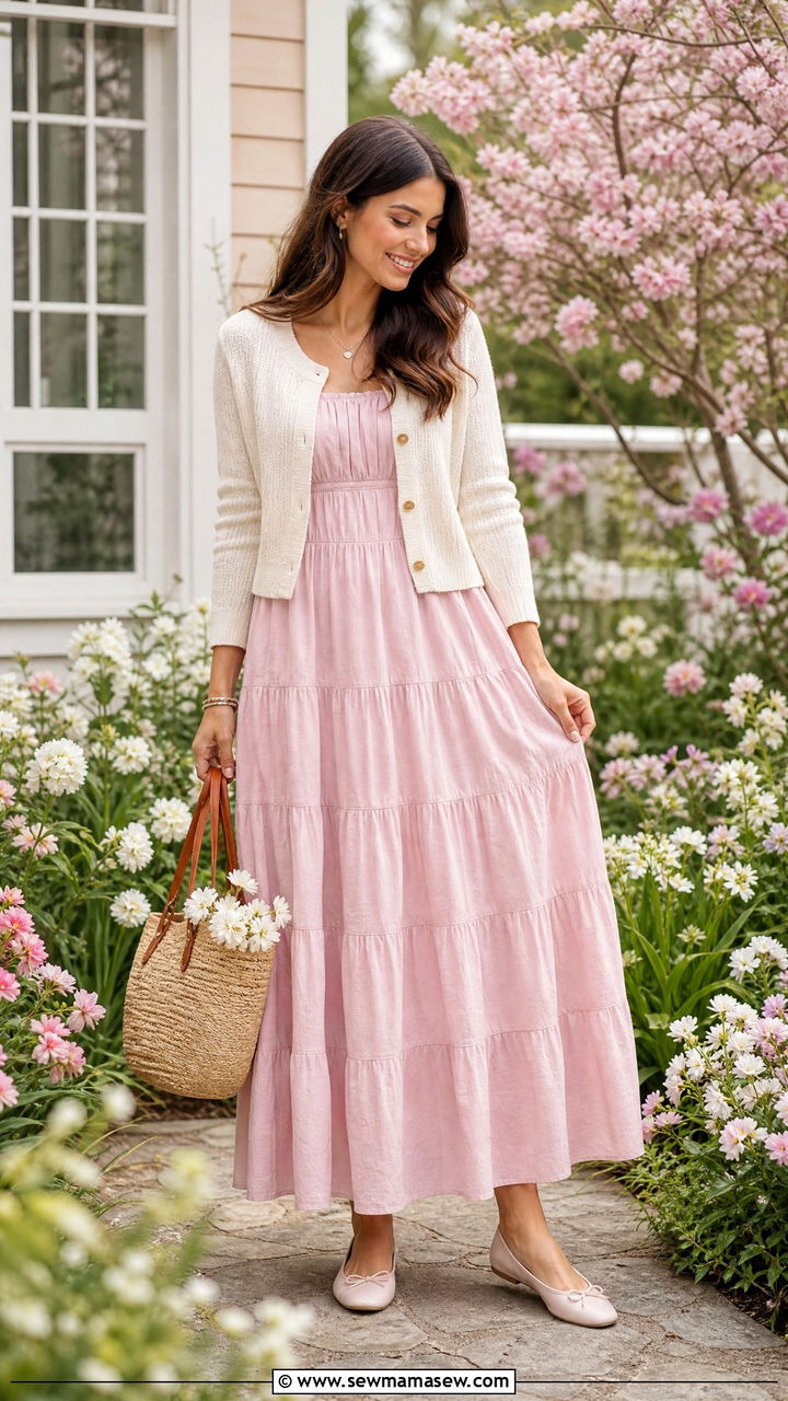 Maxi dress with cardigan and ballet flats - 35 How to style a maxi dress
