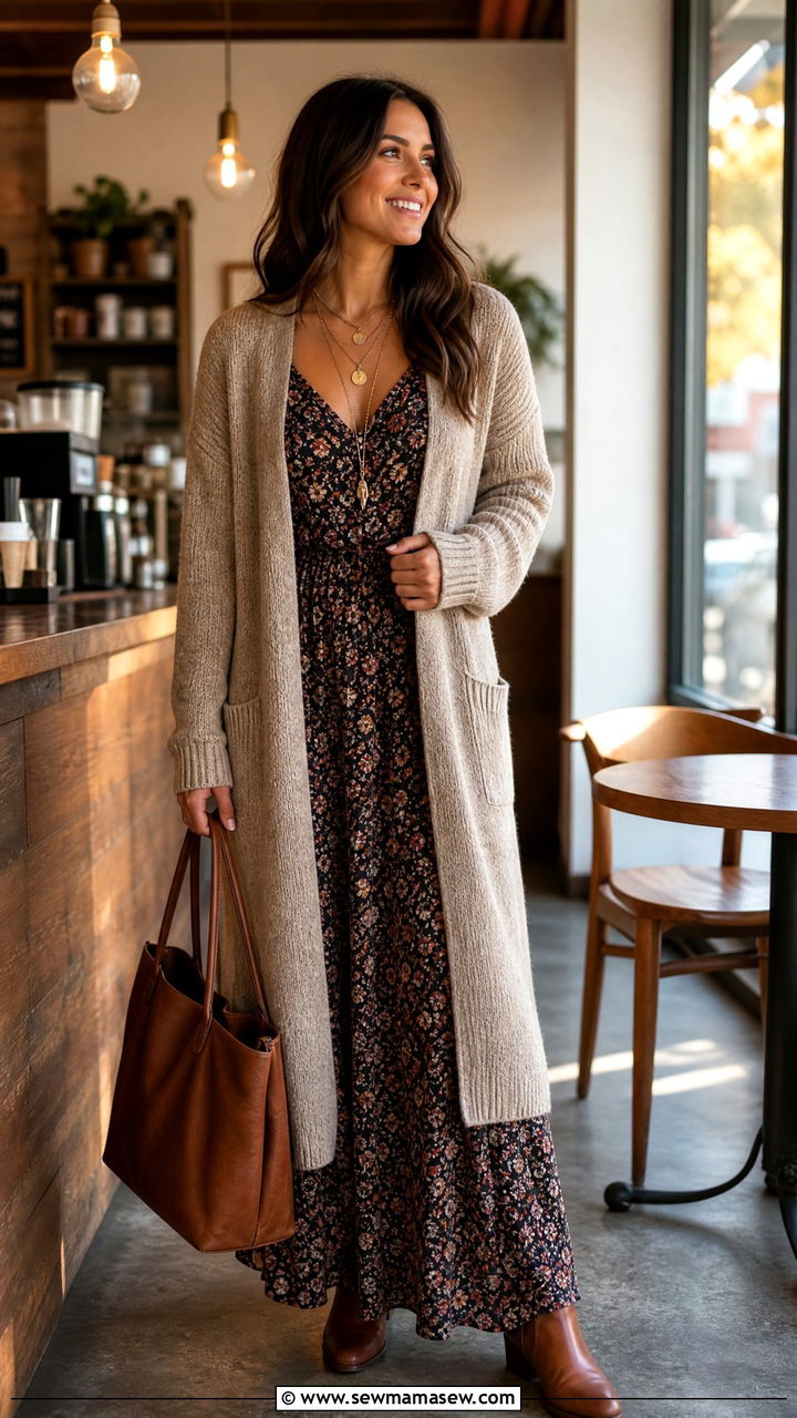 Maxi dress with cardigan layered outfit - 35 maxi dress outfits aesthetic