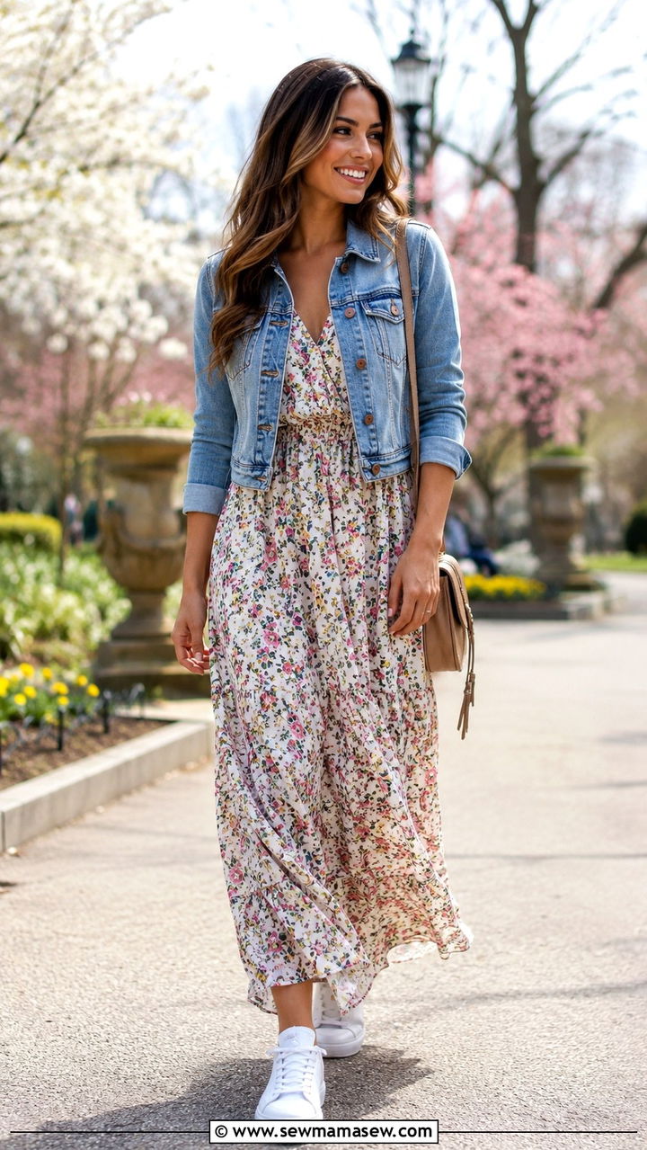 Maxi dress with cropped denim jacket and sneakers - 30 transitional sneaker outfit ideas