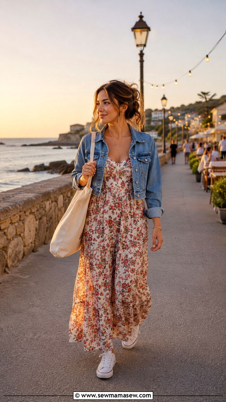 Maxi dress with cropped denim jacket and white sneakers - 30 Travel outfit ideas petite women