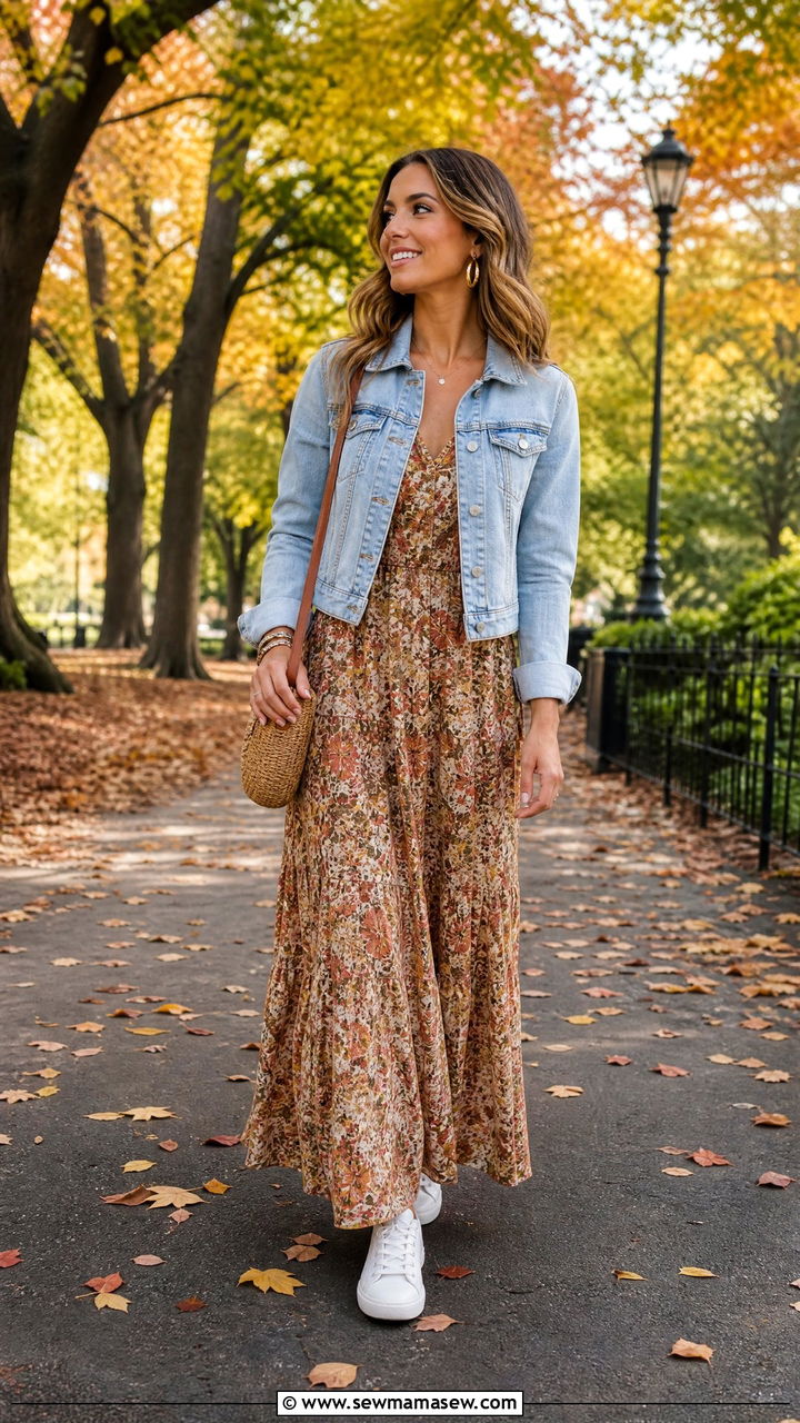 Maxi dress with cropped denim jacket and white sneakers - 30 summer to fall outfits for women