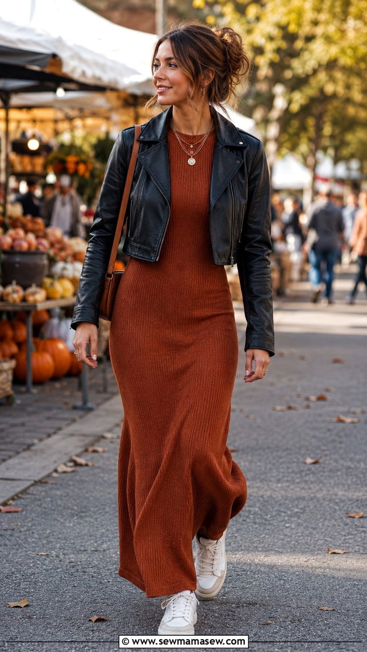 Maxi dress with cropped leather jacket outfit - 30 In between season outfit ideas