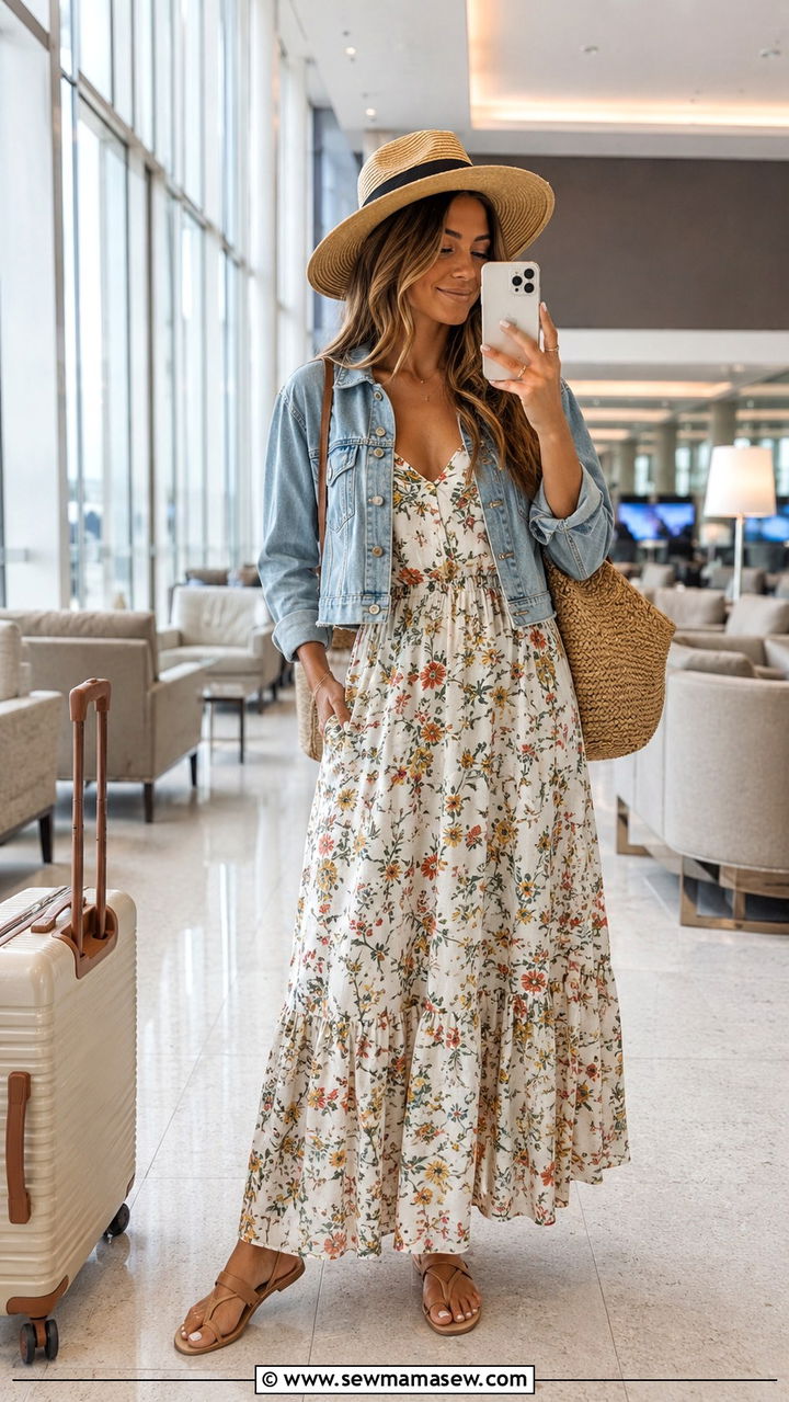 Maxi dress with denim jacket - 25 Airport outfit ideas for beach vacation